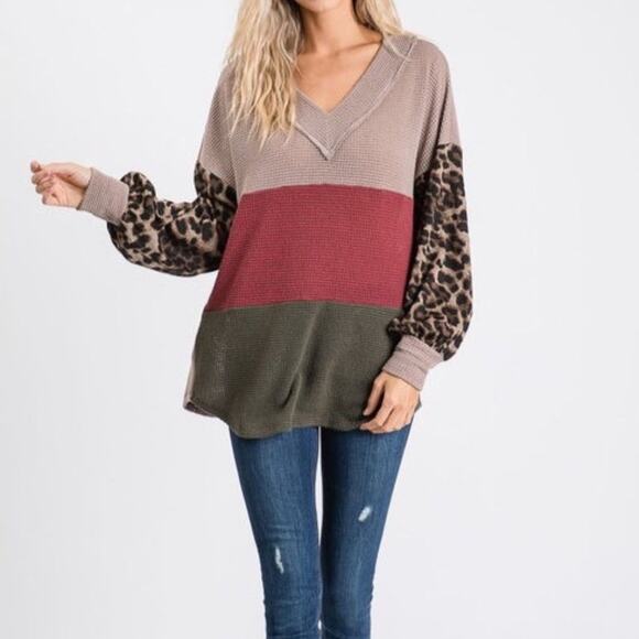 Leopard Animal Print Balloon Sleeve Waffle Knit Color Blocking Fall Blouse - Picture 4 of 10